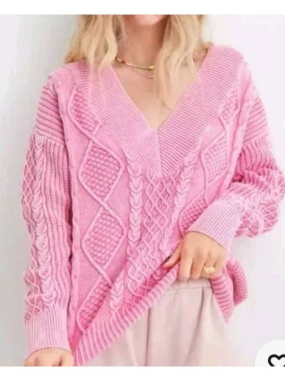 Aerie Pink Cable Knit V-Neck 100% Cotton Sweater Size XS Women